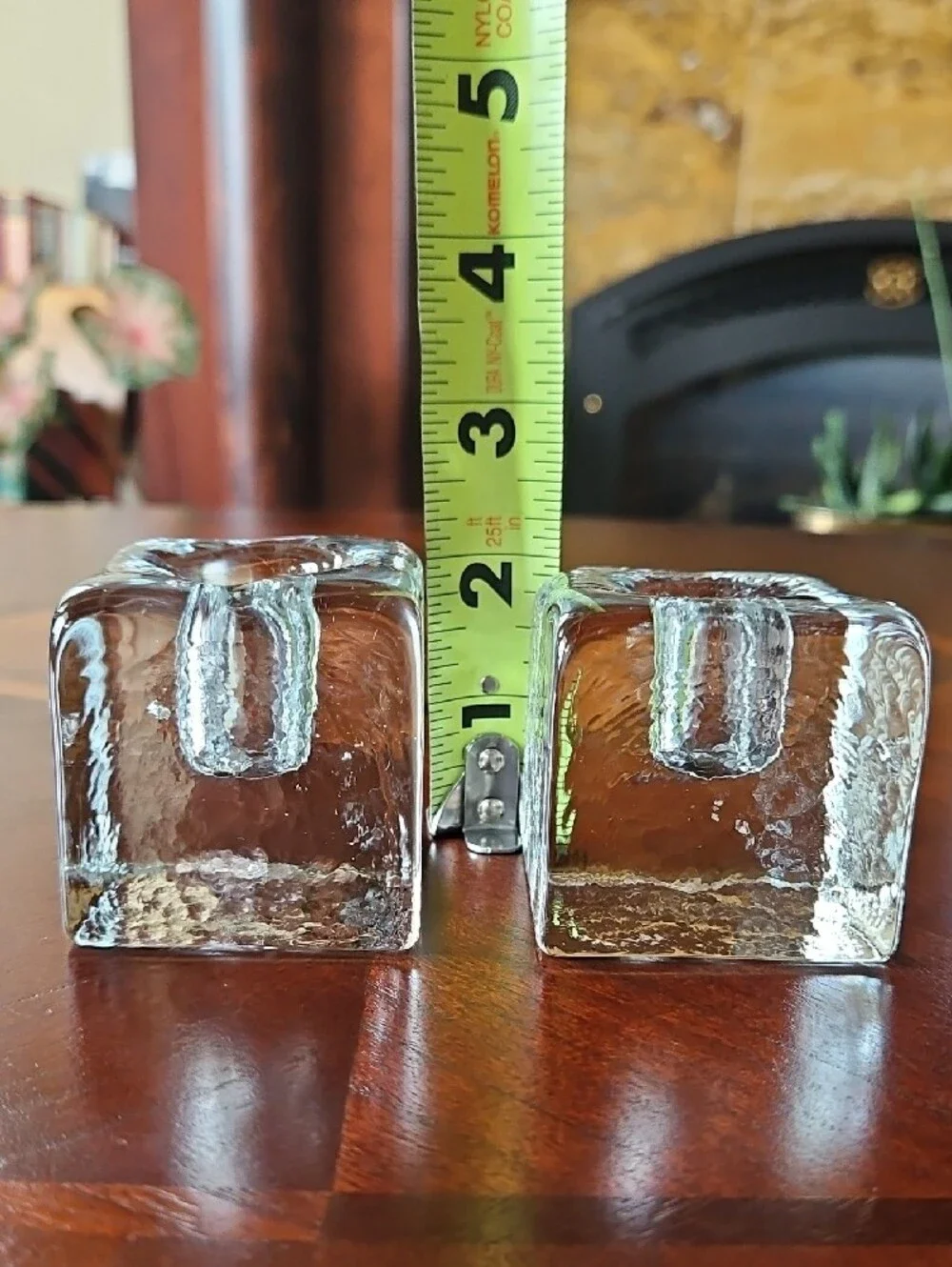 Vintage Ice Cube Glass Taper Candle Holders Set of 2 MCM Mid Century Modern